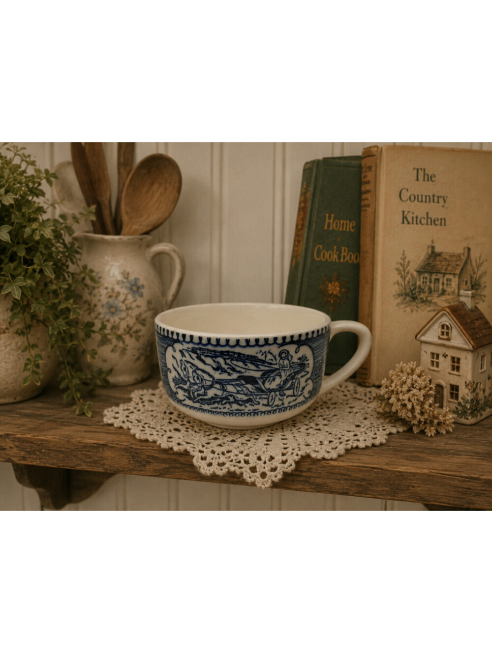 Vintage Pastoral Blue Cream Scenic Transferware Ceramic Mug Cup Horse Carriage